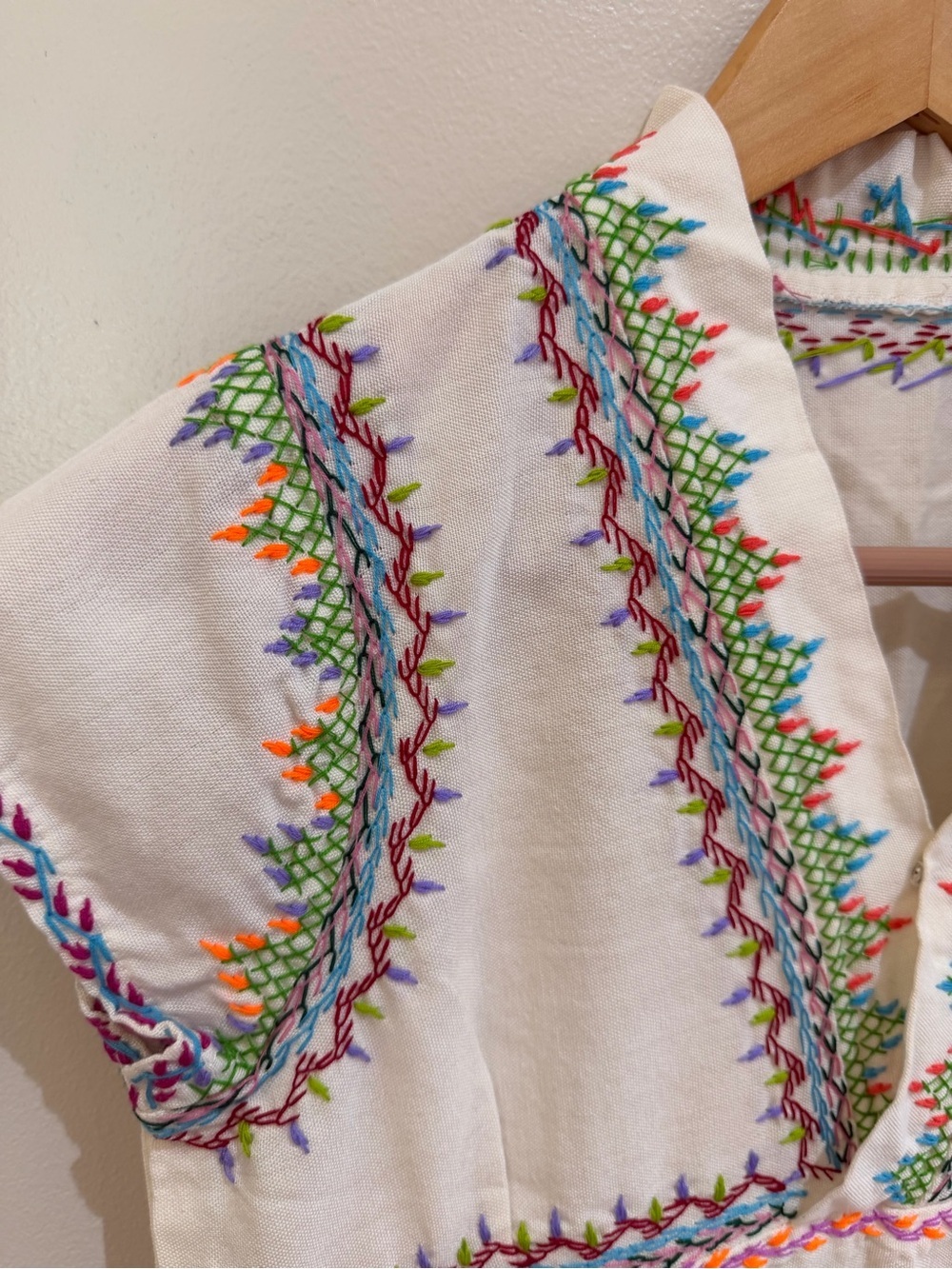 Hand-Embroidered White Boho Fringe Tunic Dress with Colorful Stitching small - Picture 4 of 15